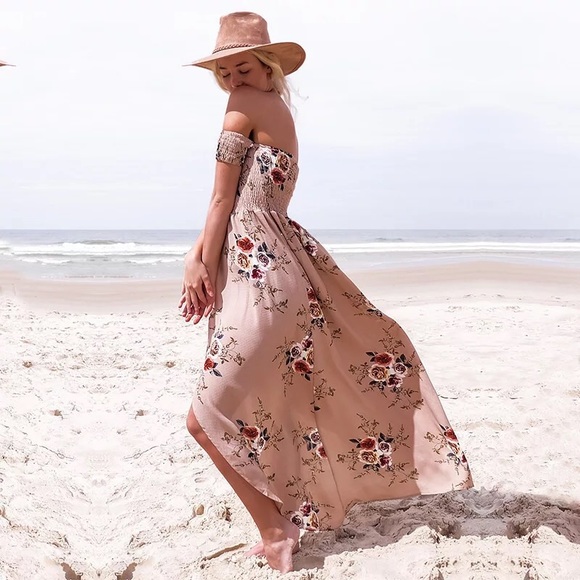 LAST 1: NEW Tan Floral Off Shoulder Maxi Dress - Picture 2 of 5